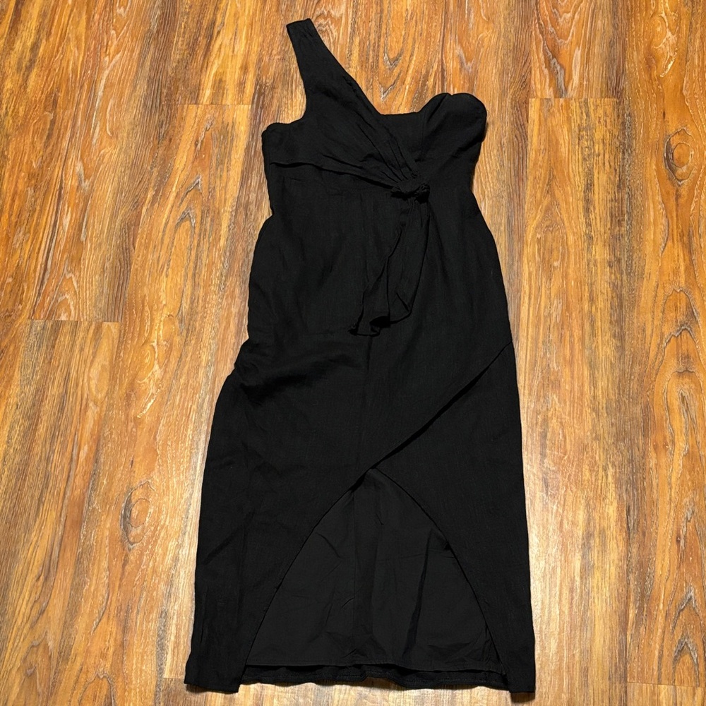 Linen/Cotton Black One-Shoulder Dress
